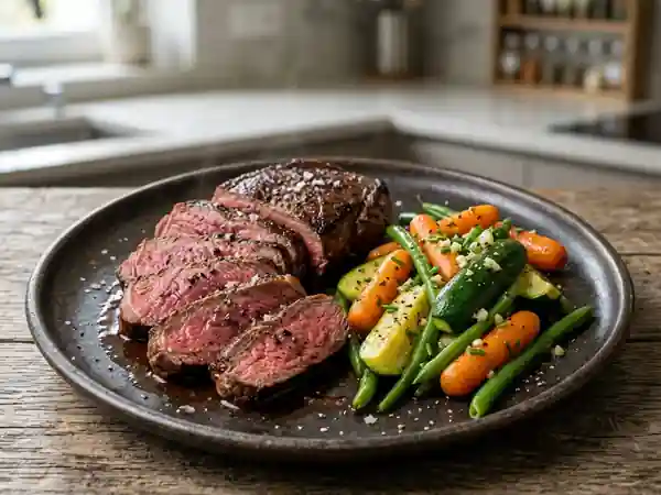 Steak de kangourou poêlé aux mini-légumes - Photo de présentation
