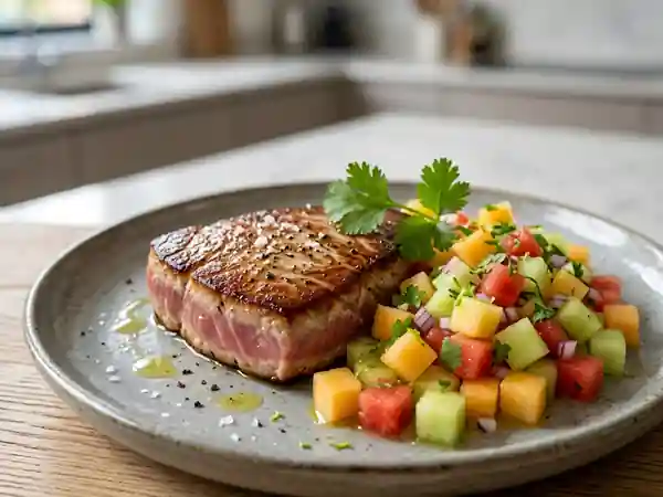 Steak de thon grillé accompagné d'une salsa fraîche aux trois melons - Photo de présentation