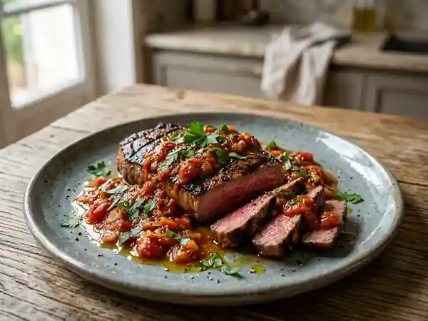 Steak grillé et sa sauce tomate provençale - Photo de présentation