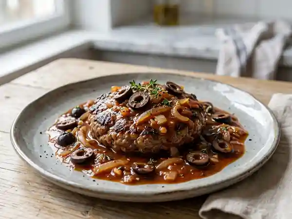 Steaks juteux au coulis de tomate et olives - Photo de présentation