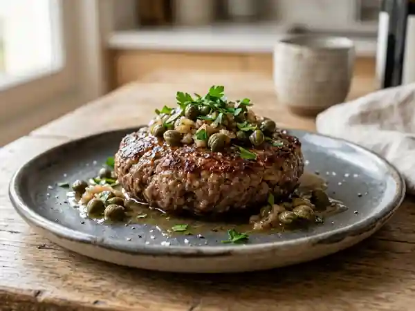Steak haché poêlé aux câpres et échalotes - Photo de présentation