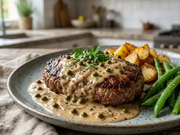Steaks hachés fondants sauce poivre vert - Photo de présentation
