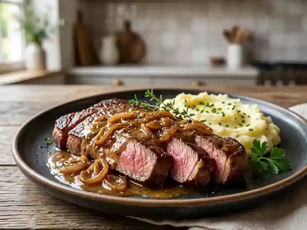 Steak juteux, sauce moutarde et échalotes - Photo de présentation