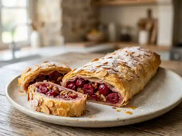 Strudel croustillant aux cerises et amandes - Photo de présentation
