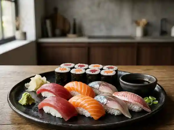 Sushis et Makis aux Quatre Poissons Frais - Photo de présentation