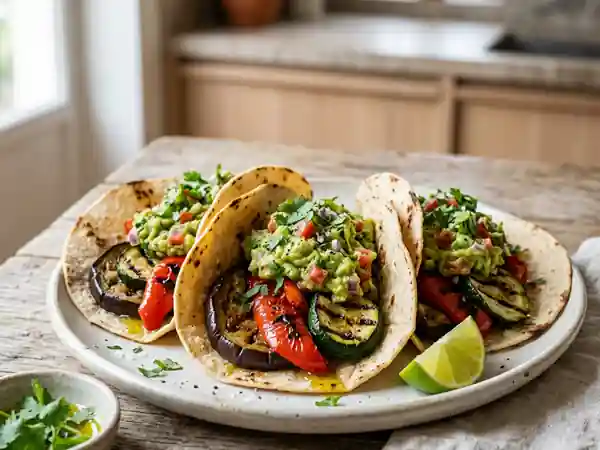 Tacos vegan aux légumes grillés et guacamole frais, recette estivale savoureuse - Photo de présentation