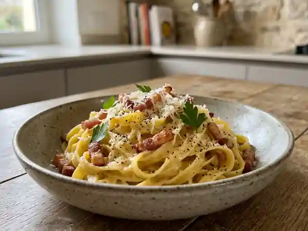 Tagliatelles Carbonara Crémeuses au Parmesan - Photo de présentation