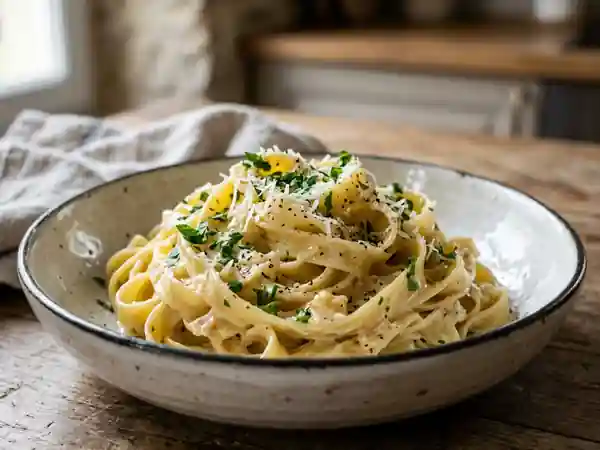 Tagliatelles crémeuses à l'ail et parmesan - Photo de présentation