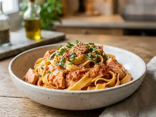 Tagliatelles au saumon et crème de tomate - Photo de présentation
