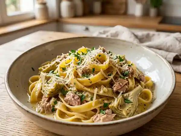 Tagliatelles crémeuses thon et artichauts - Photo de présentation