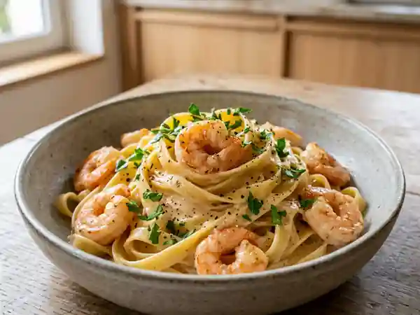 Tagliatelles crémeuses aux crevettes et ail - Photo de présentation