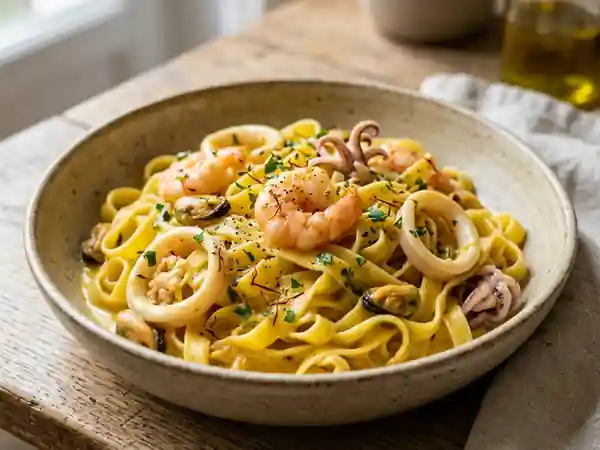 Tagliatelles aux fruits de mer et sauce crème safranée onctueuse - Photo de présentation