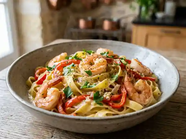 Tagliatelles aux gambas et poivrons fondants - Photo de présentation