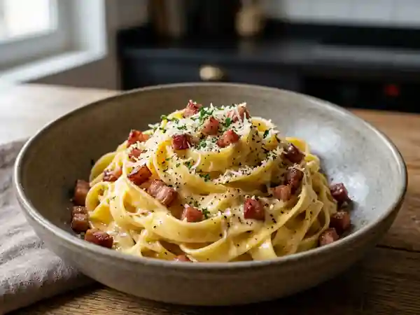Tagliatelles Carbonara Onctueuses au Parmesan - Photo de présentation