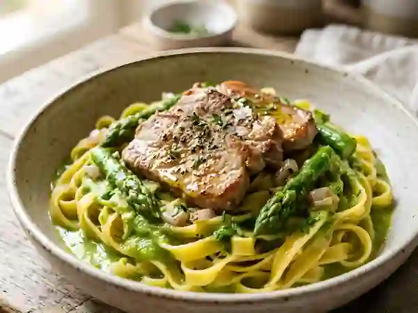 Tagliatelles crème d'asperges et veau fondant - Photo de présentation