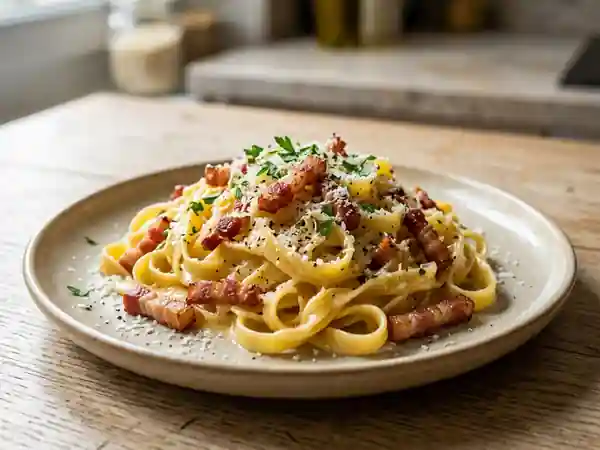 Tagliatelles crémeuses à la carbonara traditionnelle italienne - Photo de présentation