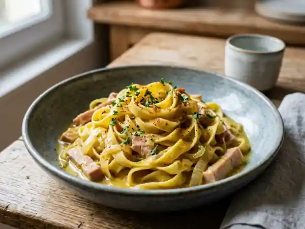 Tagliatelles onctueuses au curry et jambon - Photo de présentation