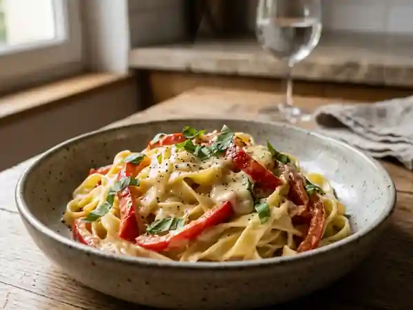 Tagliatelles au Saint-Marcellin fondant et poivron - Photo de présentation