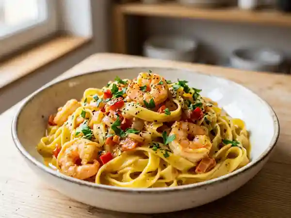 Tagliatelles Crémeuses Coco et Crevettes Curry - Photo de présentation