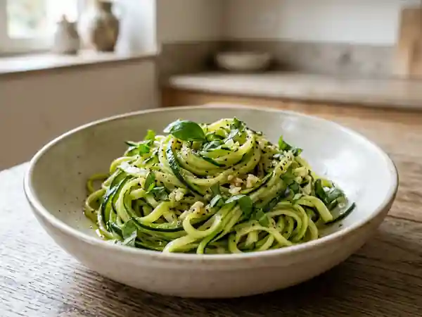 Tagliatelles de courgette fraîches à l'ail et au basilic - Photo de présentation