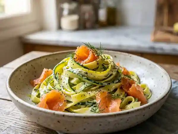 Tagliatelles de courgettes fraîches au saumon fumé et sauce légère citronnée - Photo de présentation