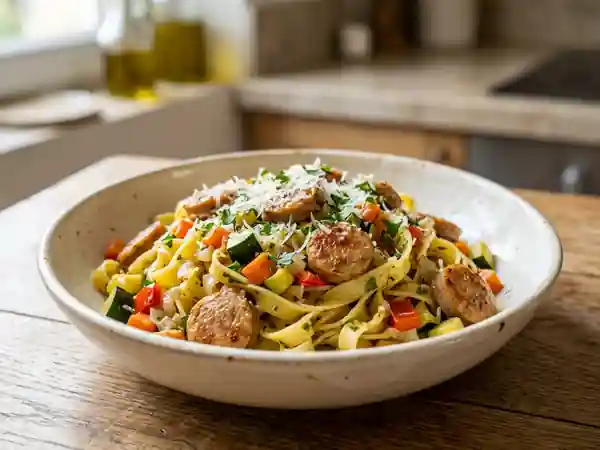 Tagliatelles fondantes aux saucisses et légumes - Photo de présentation
