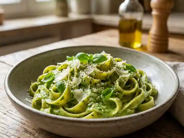 Tagliatelles crémeuses au basilic frais - Photo de présentation