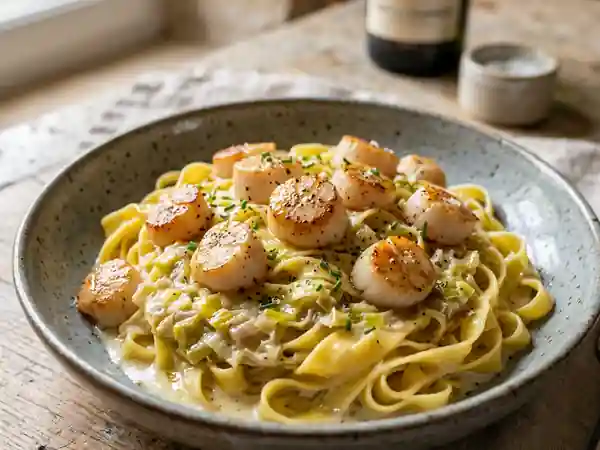 Tagliatelles crémeuses aux pétoncles et champagne - Photo de présentation