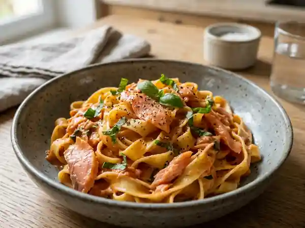 Tagliatelles soyeuses au saumon fumé et tomate - Photo de présentation