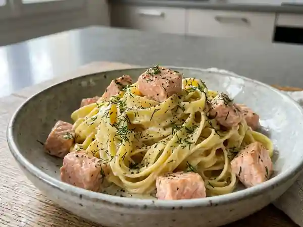 Tagliatelles crémeuses au saumon frais et aneth - Photo de présentation