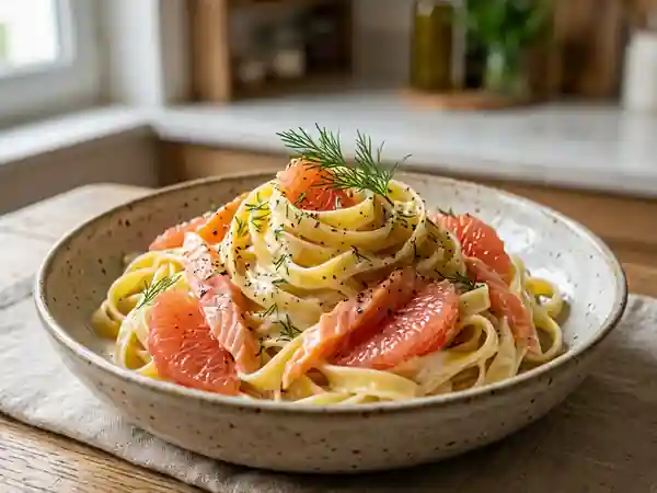 Tagliatelles fraîches au saumon fumé et pamplemousse, sauce crémeuse citronnée - Photo de présentation