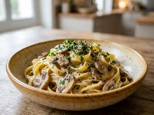 Tagliatelles fraîches aux champignons crémeux et herbes fraîches - Photo de présentation