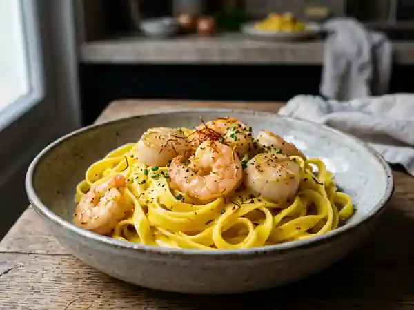 Tagliatelles crémeuses au safran et fruits de mer - Photo de présentation
