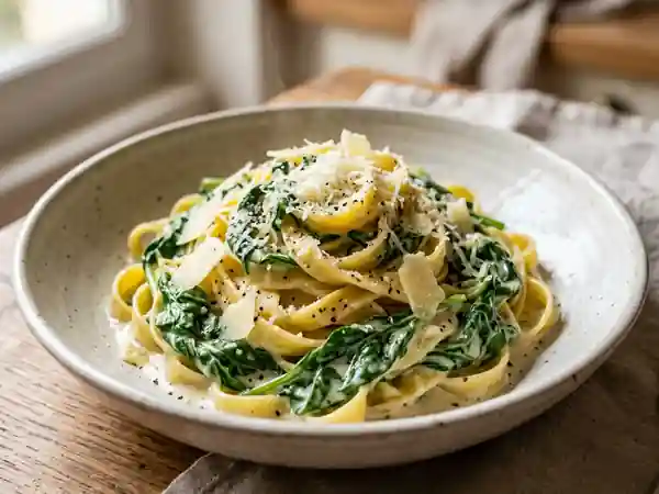 Tagliatelles crémeuses aux épinards et parmesan - Photo de présentation