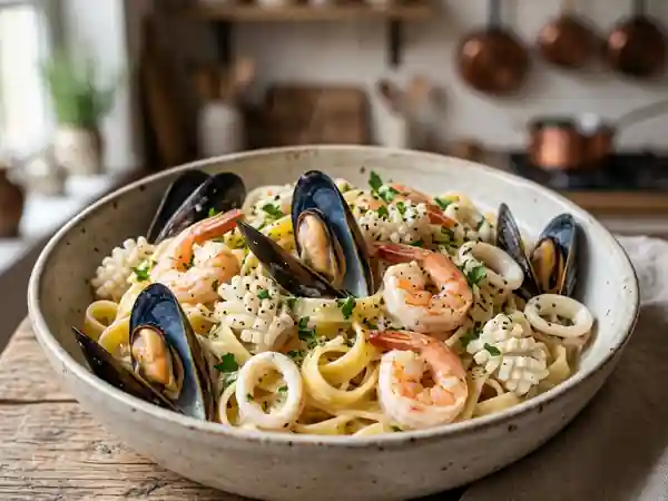 Tagliatelles marines à la crème et vin blanc - Photo de présentation
