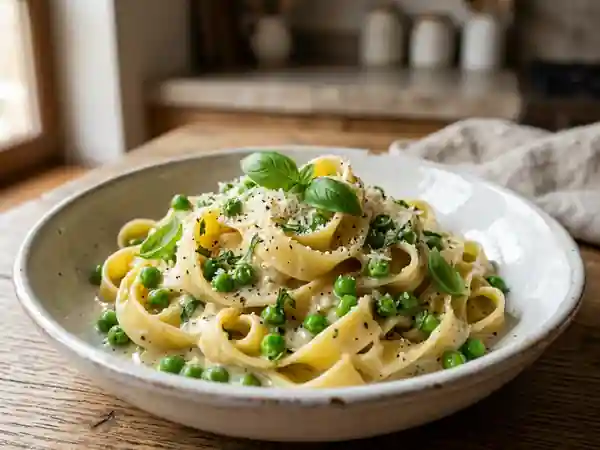 Tagliatelles fraîches aux petits pois à l'italienne - Photo de présentation