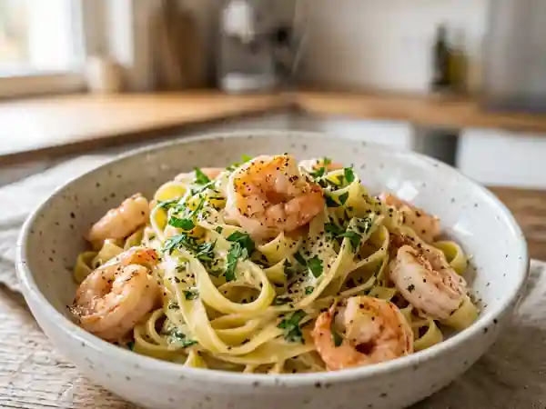 Tagliatelles fraîches aux scampis sautés à l'ail et au persil - Photo de présentation