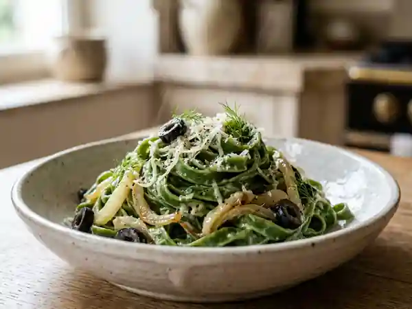 Tagliatelles au fenouil confit et olives noires - Photo de présentation