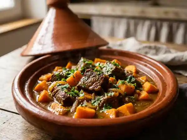 Tajine de bœuf aux patates douces fondantes et épices douces - Photo de présentation