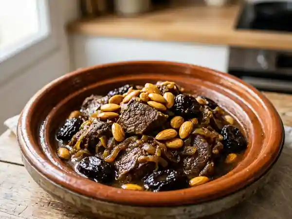 Tajine de bœuf confit aux pruneaux et amandes - Photo de présentation