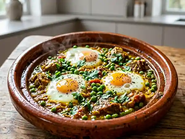 Tajine de mouton fondant aux petits pois et œufs - Photo de présentation