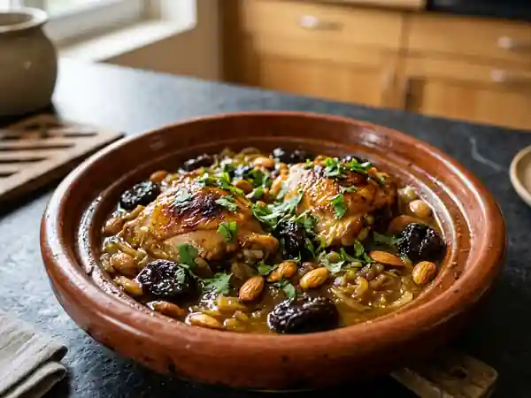 Tajine de poulet fondant aux pruneaux et amandes - Photo de présentation
