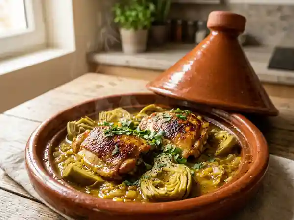 Tajine de poulet fondant aux artichauts parfumés - Photo de présentation