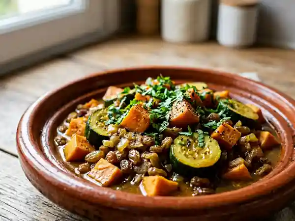 Tajine savoureux de courgettes, patates douces et raisins secs - Photo de présentation