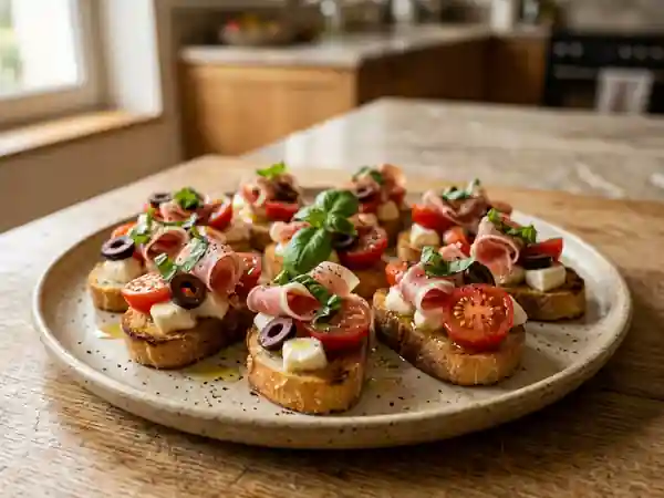 Crostini croquants au jambon cru et mozzarella - Photo de présentation