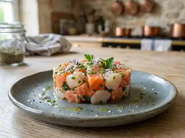 Tartare de saumon et Saint-Jacques aux herbes fraîches, recette raffinée et facile - Photo de présentation