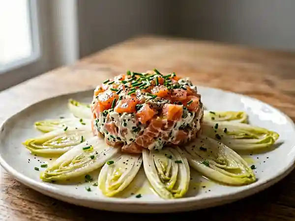 Tartare de saumon fumé au carré frais sur lit de chicons blanchis, fraîcheur et gourmandise - Photo de présentation