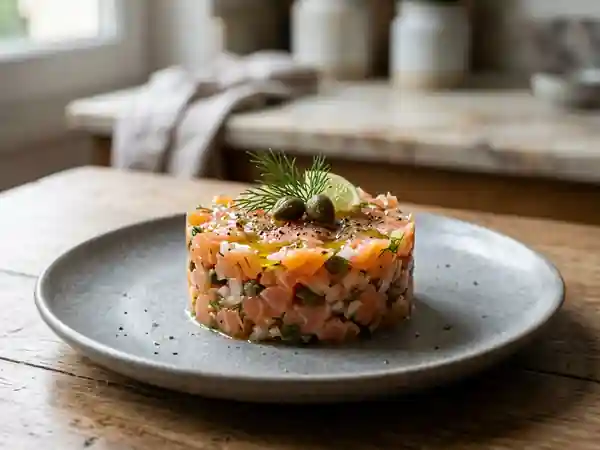 Tartare de saumon fumé frais et gourmand pour une personne - Photo de présentation