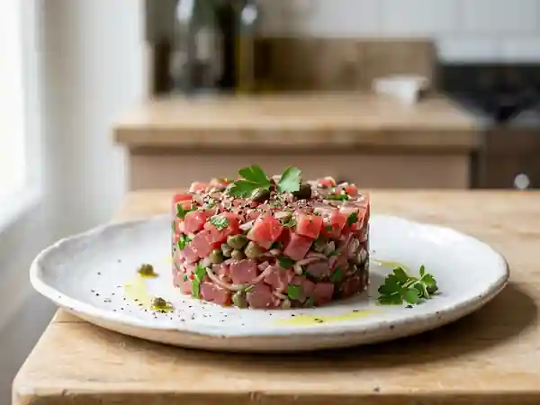 Tartare de thon aux câpres et oignons rouges, frais et léger - Photo de présentation