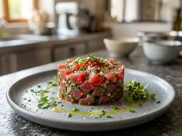 Tartare de thon frais aux herbes aromatiques et épices délicates - Photo de présentation